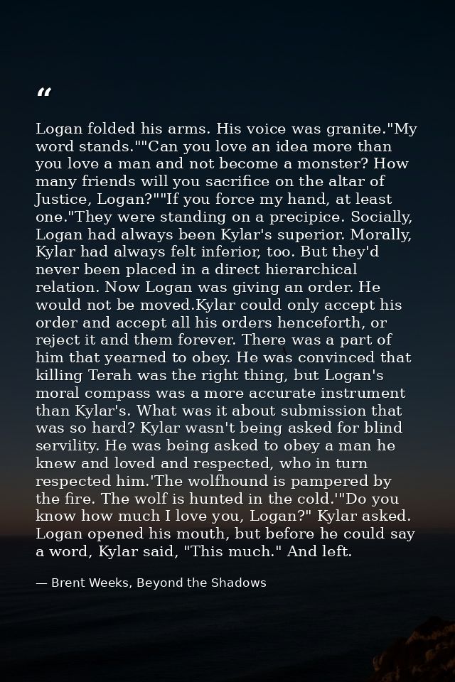 Logan folded his arms. His voice was granite."My word stands.""Can you love an idea more than you love a man and not bec — Brent Weeks, Beyond the Shadows