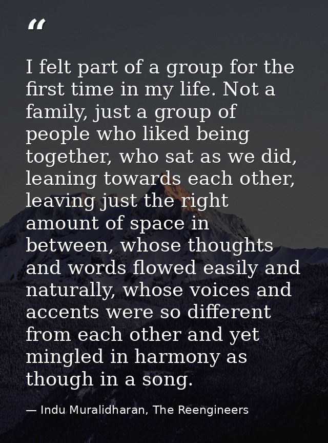 I felt part of a group for the first time in my life. Not a family, just a group of people who liked being together, who — Indu Muralidharan, The Reengineers