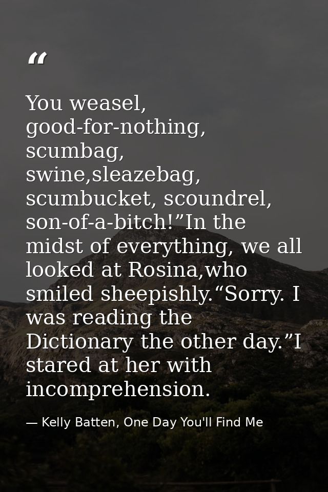 You weasel, good-for-nothing, scumbag, swine,sleazebag, scumbucket, scoundrel, son-of-a-bitch!”In the midst of everythin — Kelly Batten, One Day You'll Find Me
