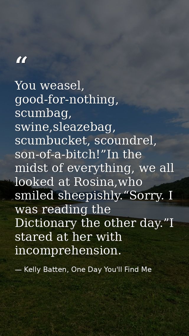 You weasel, good-for-nothing, scumbag, swine,sleazebag, scumbucket, scoundrel, son-of-a-bitch!”In the midst of everythin — Kelly Batten, One Day You'll Find Me