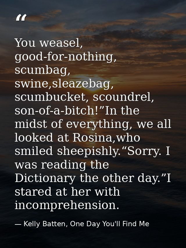 You weasel, good-for-nothing, scumbag, swine,sleazebag, scumbucket, scoundrel, son-of-a-bitch!”In the midst of everythin — Kelly Batten, One Day You'll Find Me