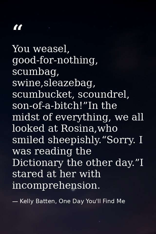 You weasel, good-for-nothing, scumbag, swine,sleazebag, scumbucket, scoundrel, son-of-a-bitch!”In the midst of everythin — Kelly Batten, One Day You'll Find Me