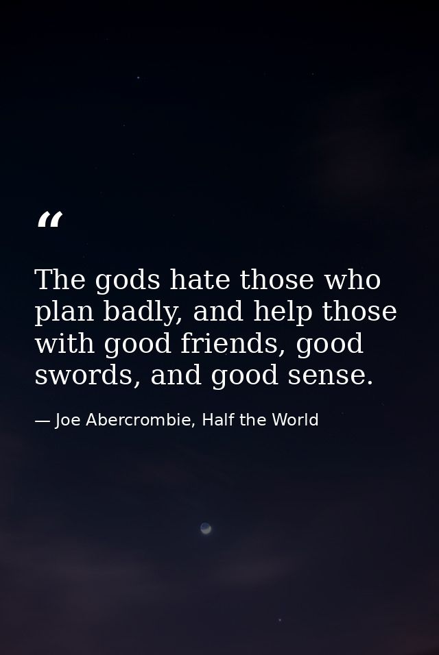 The gods hate those who plan badly, and help those with good friends, good swords, and good sense. — Joe Abercrombie, Half the World