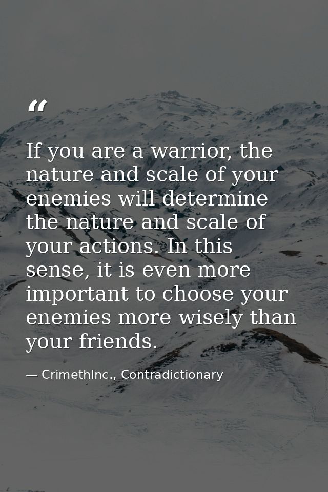 If you are a warrior, the nature and scale of your enemies will determine the nature and scale of your actions. In this  — CrimethInc., Contradictionary