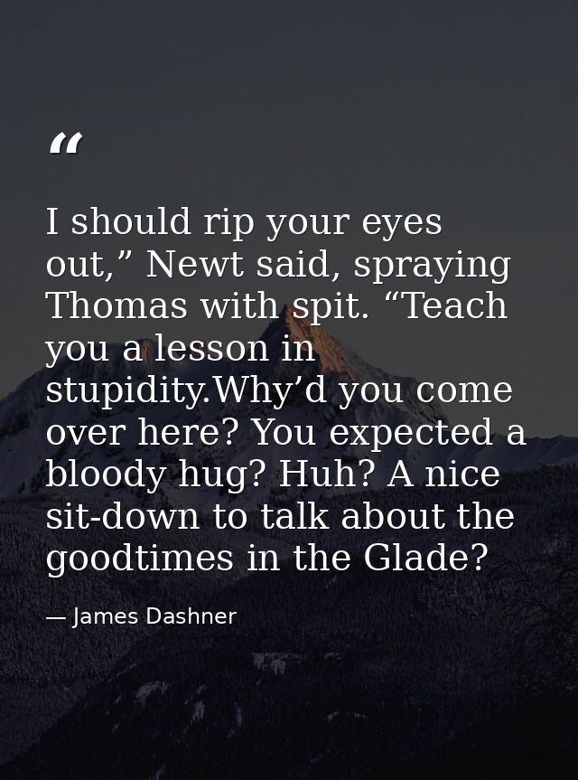 I should rip your eyes out,” Newt said, spraying Thomas with spit. “Teach you a lesson in stupidity.Why’d you come over  — James Dashner