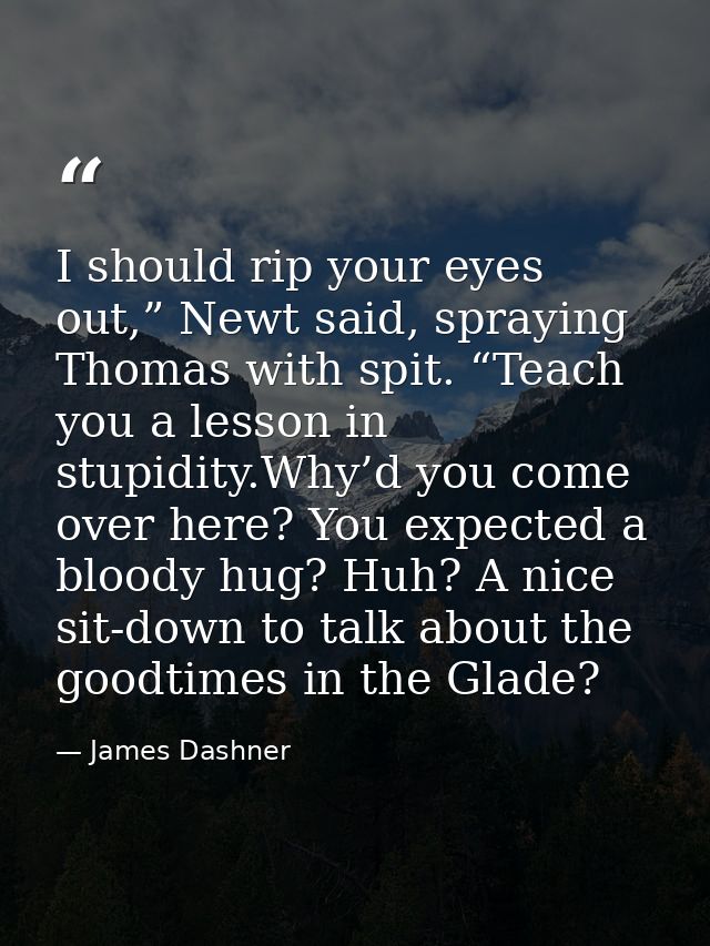 I should rip your eyes out,” Newt said, spraying Thomas with spit. “Teach you a lesson in stupidity.Why’d you come over  — James Dashner