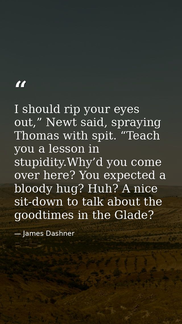 I should rip your eyes out,” Newt said, spraying Thomas with spit. “Teach you a lesson in stupidity.Why’d you come over  — James Dashner