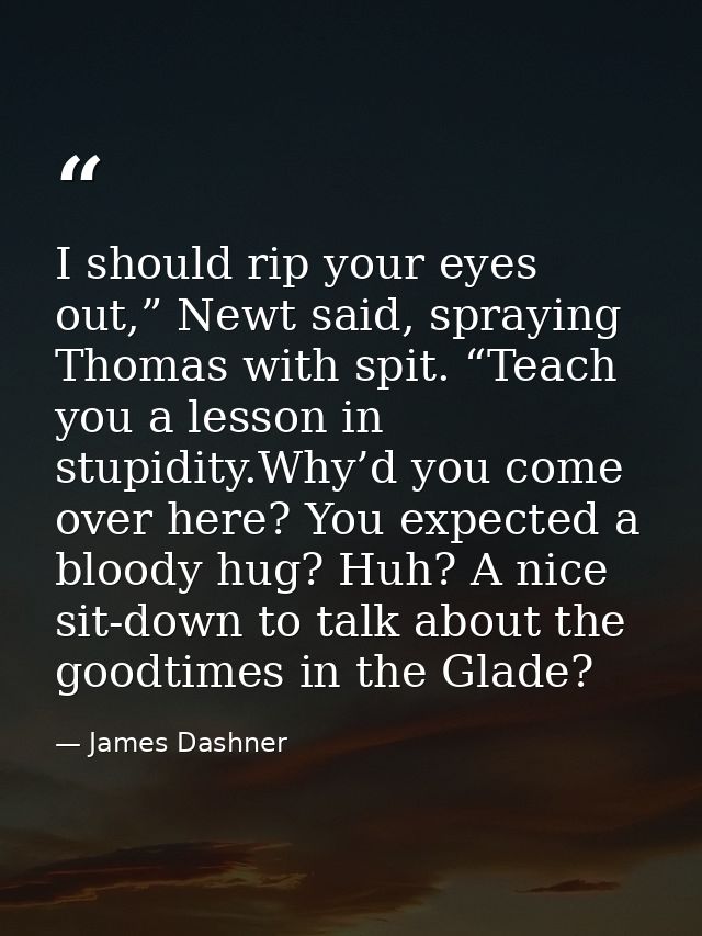 I should rip your eyes out,” Newt said, spraying Thomas with spit. “Teach you a lesson in stupidity.Why’d you come over  — James Dashner