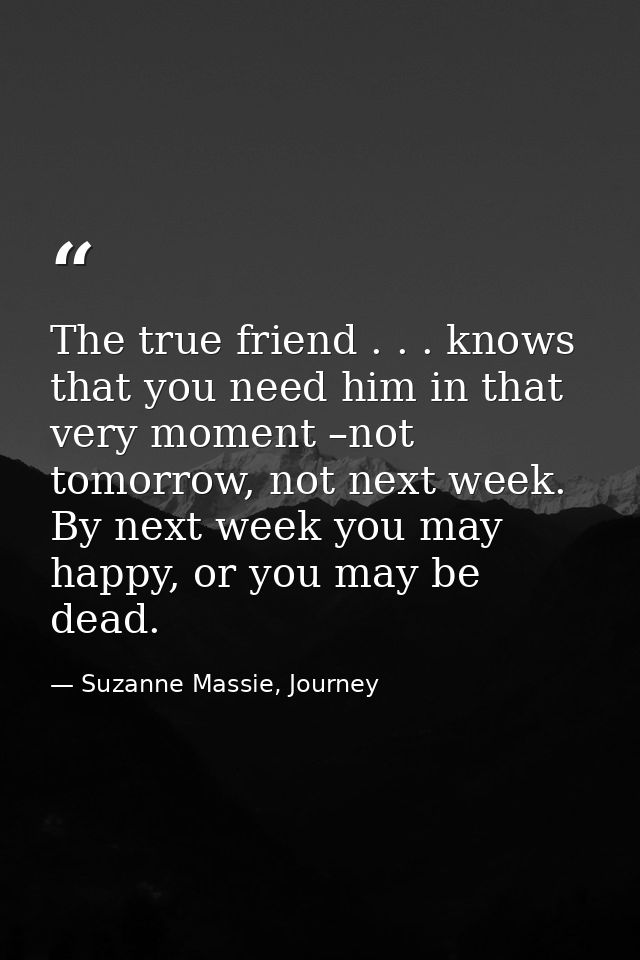 The true friend . . . knows that you need him in that very moment –not tomorrow, not next week. By next week you may hap — Suzanne Massie, Journey