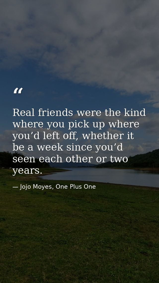 Real friends were the kind where you pick up where you’d left off, whether it be a week since you’d seen each other or t — Jojo Moyes, One Plus One
