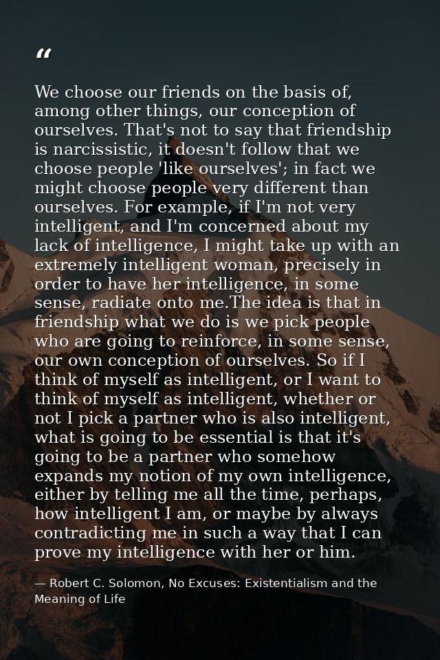 We choose our friends on the basis of, among other things, our conception of ourselves. That's not to say that friendshi — Robert C. Solomon, No Excuses: Existentialism and the Meaning of Life