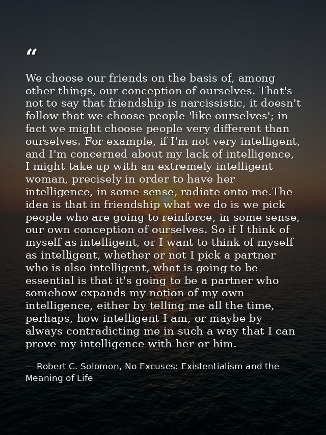 We choose our friends on the basis of, among other things, our conception of ourselves. That's not to say that friendshi — Robert C. Solomon, No Excuses: Existentialism and the Meaning of Life
