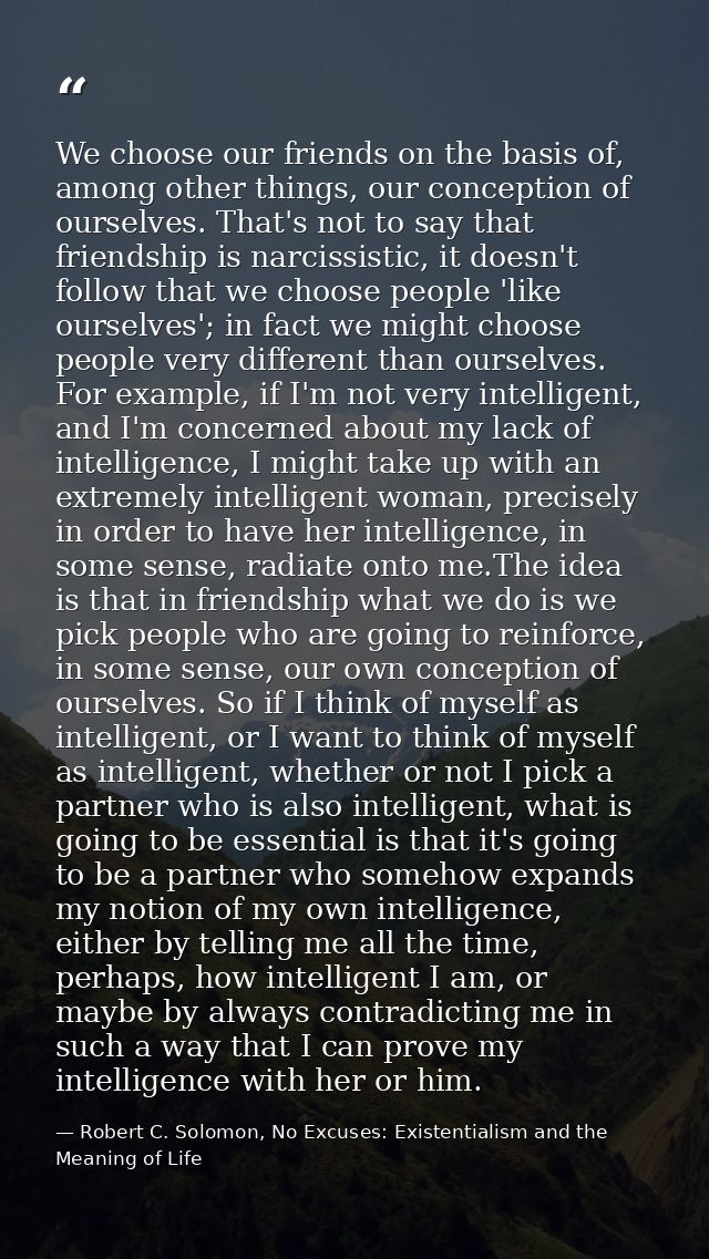 We choose our friends on the basis of, among other things, our conception of ourselves. That's not to say that friendshi — Robert C. Solomon, No Excuses: Existentialism and the Meaning of Life