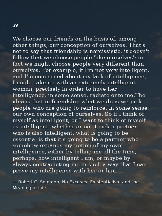 We choose our friends on the basis of, among other things, our conception of ourselves. That's not to say that friendshi — Robert C. Solomon, No Excuses: Existentialism and the Meaning of Life