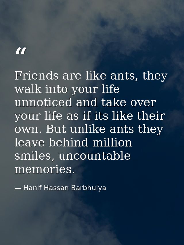 Friends are like ants, they walk into your life unnoticed and take over your life as if its like their own. But unlike a — Hanif Hassan Barbhuiya