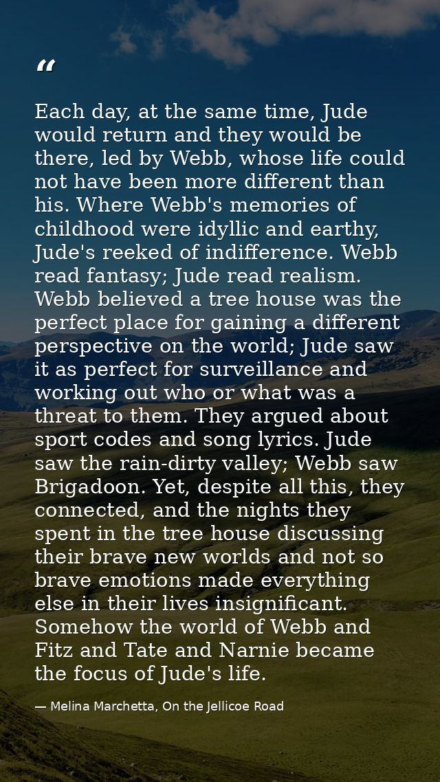 Each day, at the same time, Jude would return and they would be there, led by Webb, whose life could not have been more  — Melina Marchetta, On the Jellicoe Road