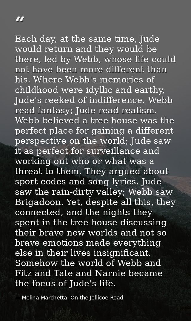Each day, at the same time, Jude would return and they would be there, led by Webb, whose life could not have been more  — Melina Marchetta, On the Jellicoe Road