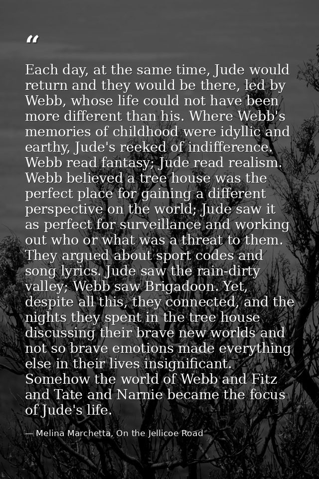 Each day, at the same time, Jude would return and they would be there, led by Webb, whose life could not have been more  — Melina Marchetta, On the Jellicoe Road