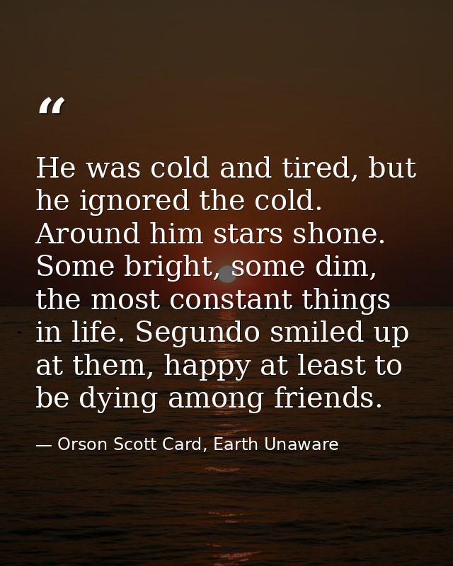 He was cold and tired, but he ignored the cold. Around him stars shone. Some bright, some dim, the most constant things  — Orson Scott Card, Earth Unaware