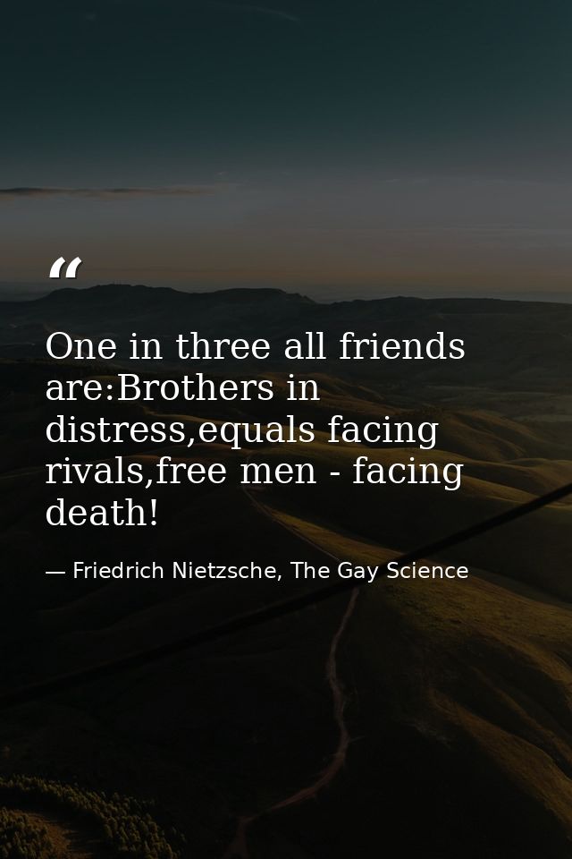 One in three all friends are:Brothers in distress,equals facing rivals,free men - facing death! — Friedrich Nietzsche, The Gay Science
