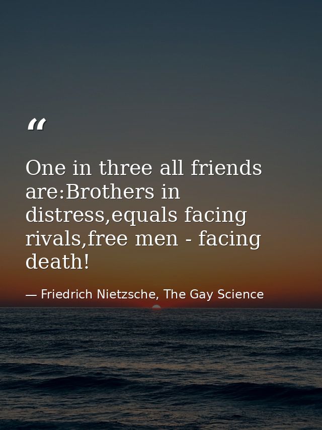 One in three all friends are:Brothers in distress,equals facing rivals,free men - facing death! — Friedrich Nietzsche, The Gay Science