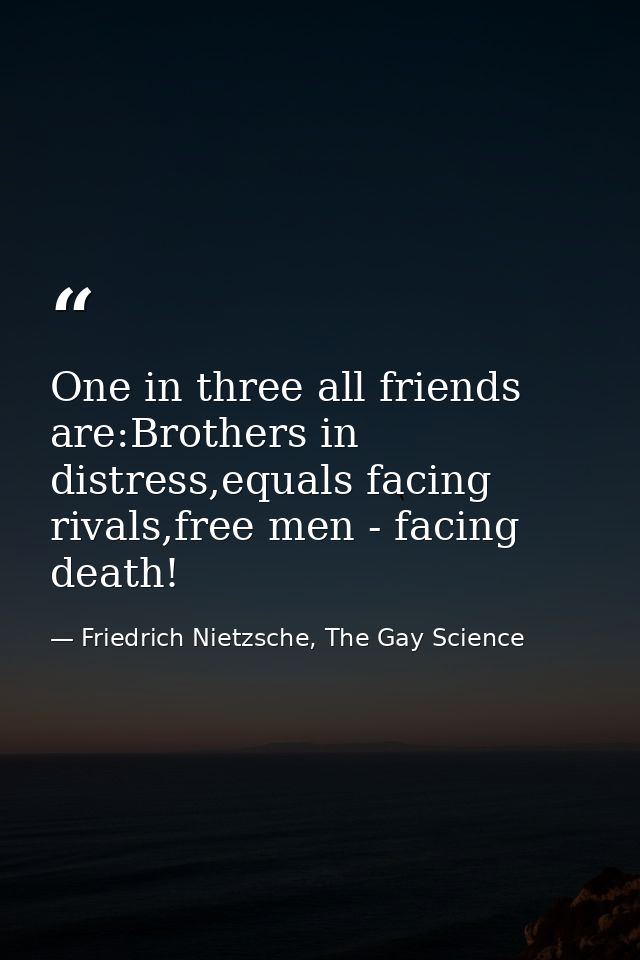 One in three all friends are:Brothers in distress,equals facing rivals,free men - facing death! — Friedrich Nietzsche, The Gay Science