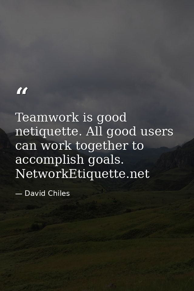 Teamwork is good netiquette. All good users can work together to accomplish goals. NetworkEtiquette.net — David Chiles