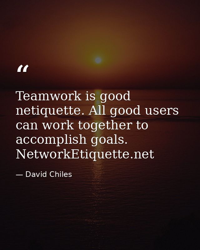 Teamwork is good netiquette. All good users can work together to accomplish goals. NetworkEtiquette.net — David Chiles