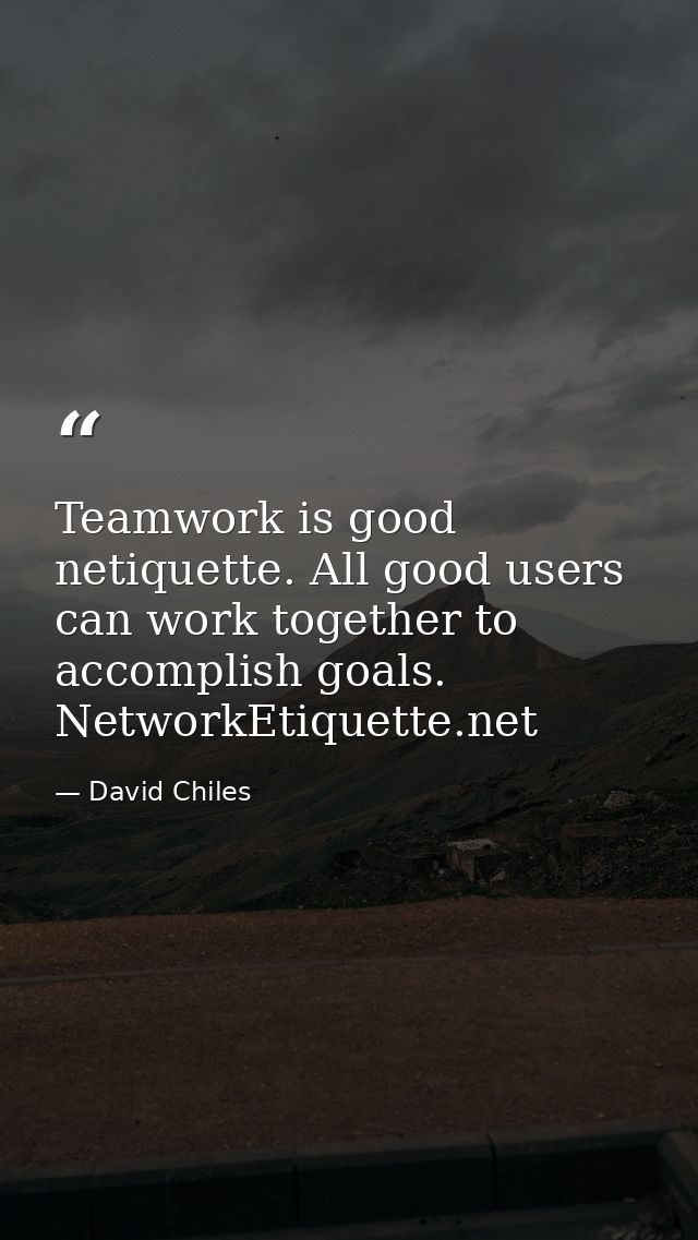 Teamwork is good netiquette. All good users can work together to accomplish goals. NetworkEtiquette.net — David Chiles