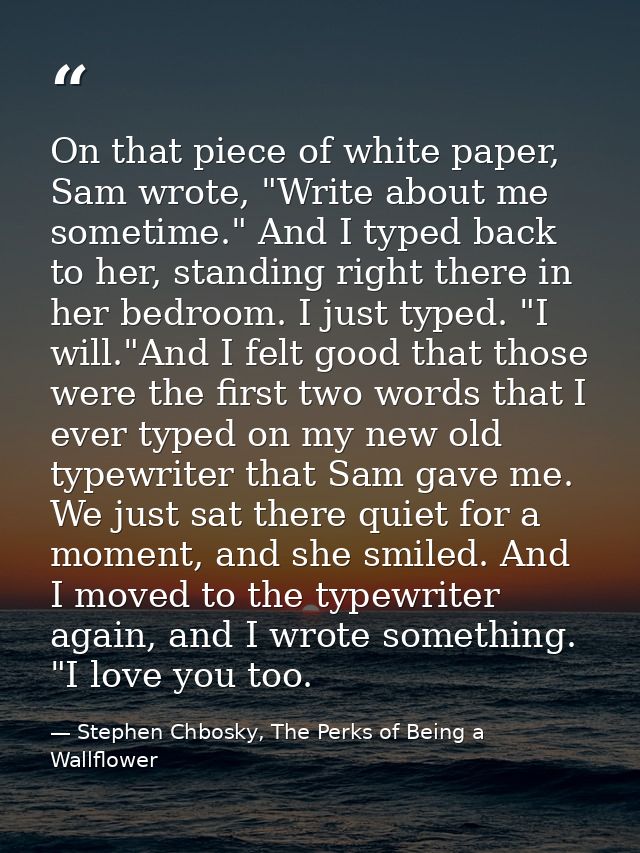 On that piece of white paper, Sam wrote, "Write about me sometime." And I typed back to her, standing right there in her — Stephen Chbosky, The Perks of Being a Wallflower