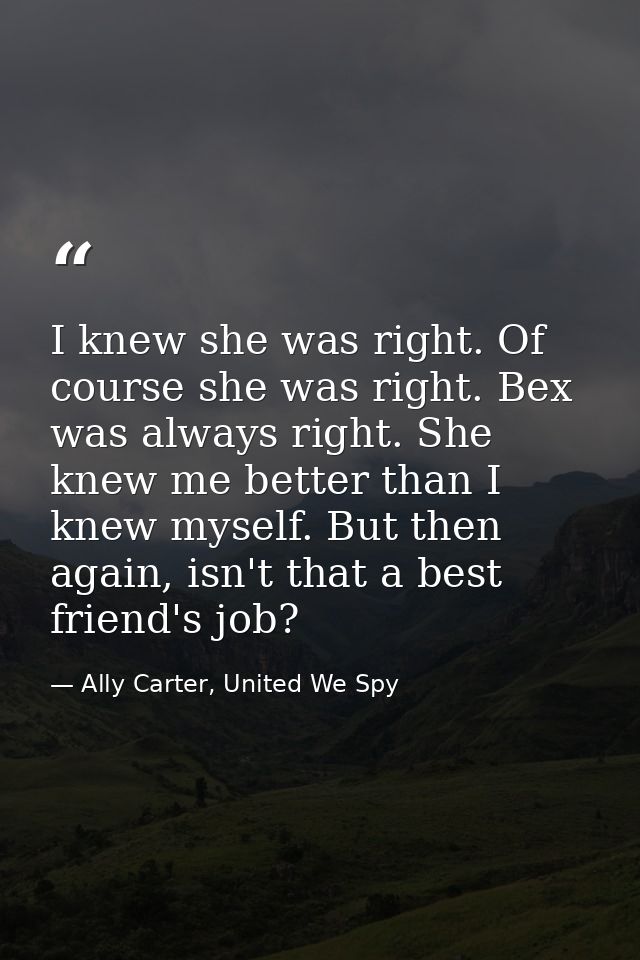 I knew she was right. Of course she was right. Bex was always right. She knew me better than I knew myself. But then aga — Ally Carter, United We Spy