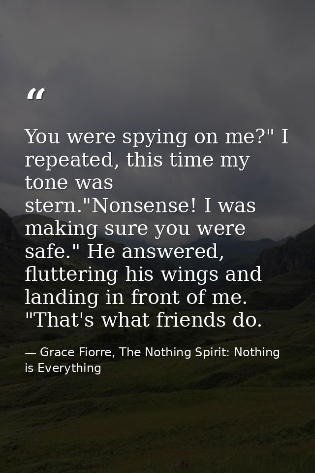 You were spying on me?" I repeated, this time my tone was stern."Nonsense! I was making sure you were safe." He answered — Grace Fiorre, The Nothing Spirit: Nothing is Everything