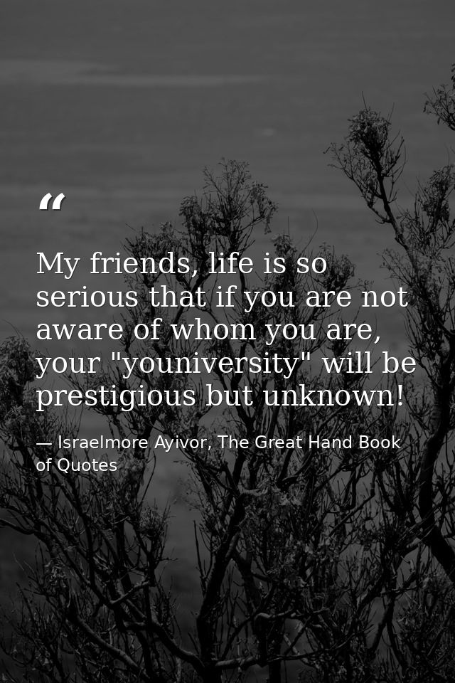 My friends, life is so serious that if you are not aware of whom you are, your "youniversity" will be prestigious but un — Israelmore Ayivor, The Great Hand Book of Quotes