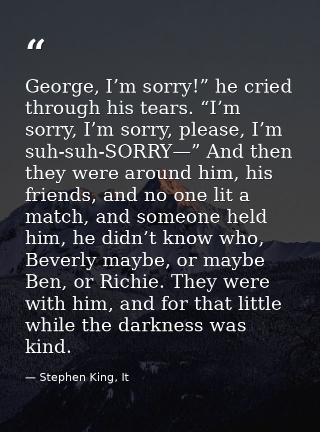 George, I’m sorry!” he cried through his tears. “I’m sorry, I’m sorry, please, I’m suh-suh-SORRY—” And then they were ar — Stephen King, It