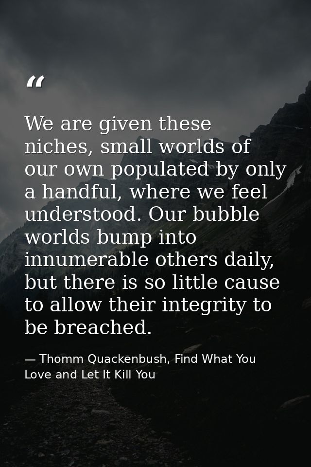 We are given these niches, small worlds of our own populated by only a handful, where we feel understood. Our bubble wor — Thomm Quackenbush, Find What You Love and Let It Kill You