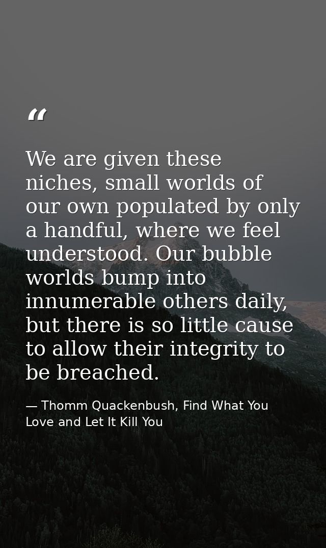 We are given these niches, small worlds of our own populated by only a handful, where we feel understood. Our bubble wor — Thomm Quackenbush, Find What You Love and Let It Kill You