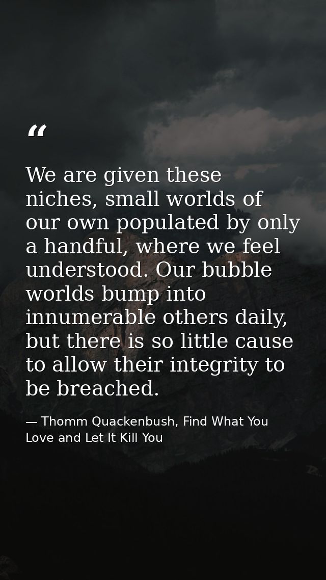 We are given these niches, small worlds of our own populated by only a handful, where we feel understood. Our bubble wor — Thomm Quackenbush, Find What You Love and Let It Kill You