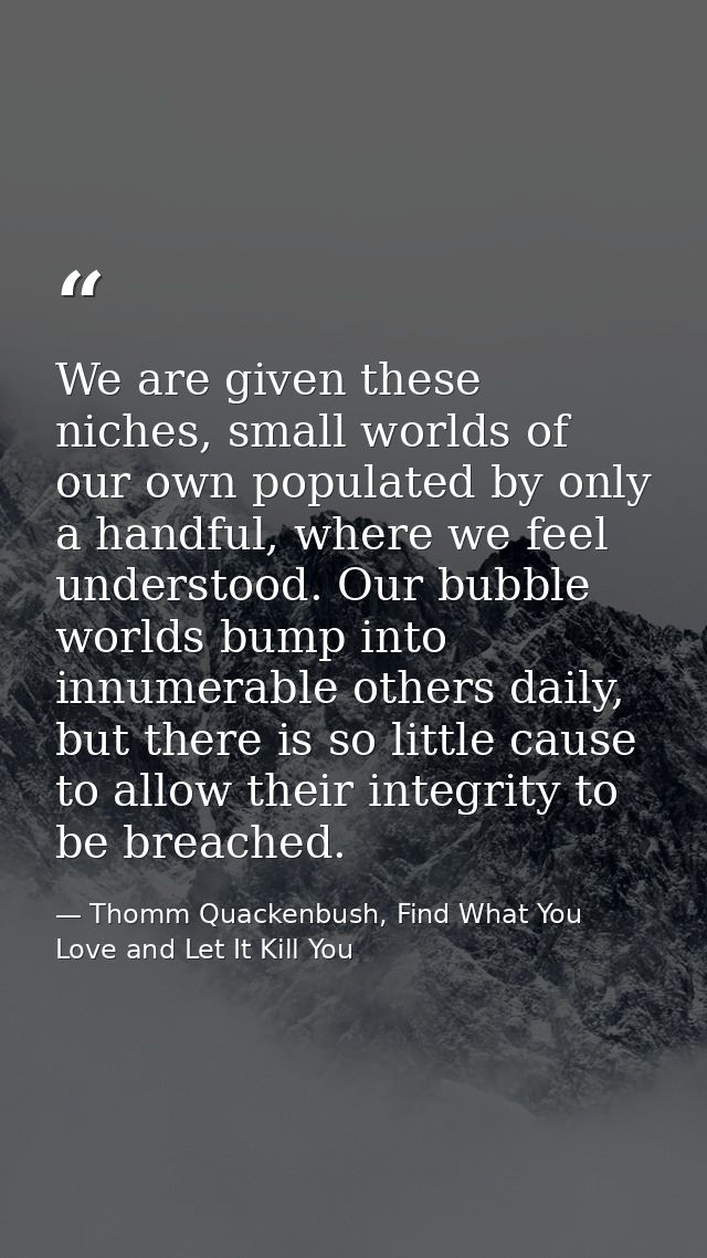 We are given these niches, small worlds of our own populated by only a handful, where we feel understood. Our bubble wor — Thomm Quackenbush, Find What You Love and Let It Kill You