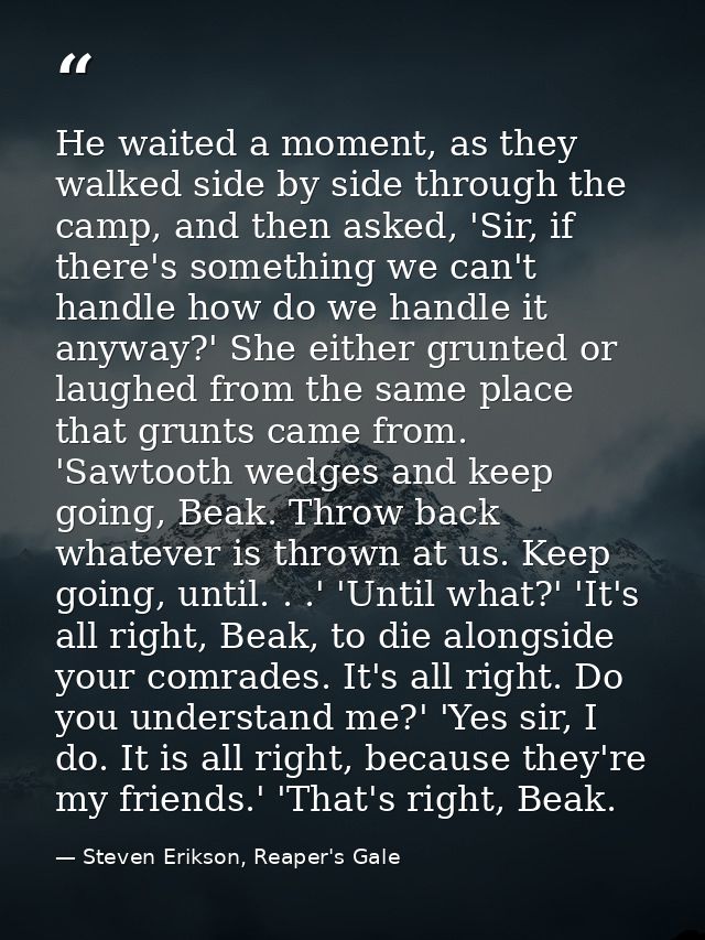 He waited a moment, as they walked side by side through the camp, and then asked, 'Sir, if there's something we can't ha — Steven Erikson, Reaper's Gale