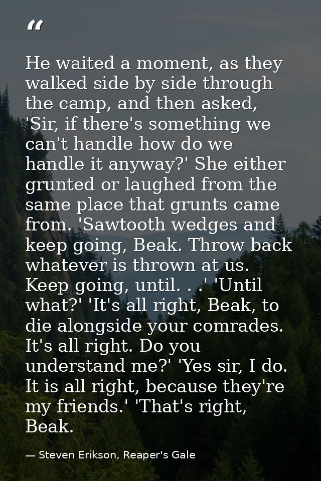 He waited a moment, as they walked side by side through the camp, and then asked, 'Sir, if there's something we can't ha — Steven Erikson, Reaper's Gale