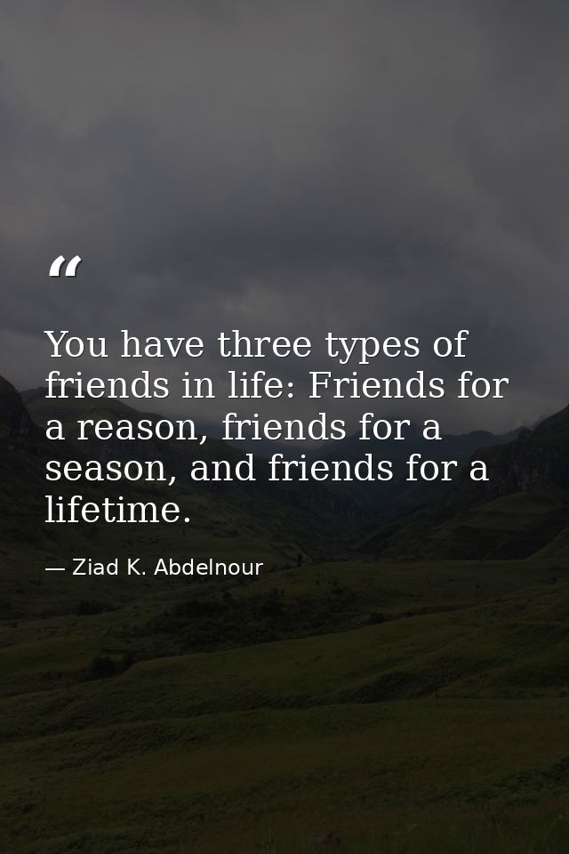 You have three types of friends in life: Friends for a reason, friends for a season, and friends for a lifetime. — Ziad K. Abdelnour