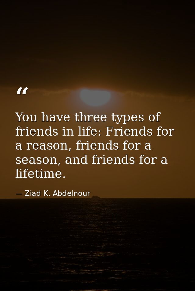 You have three types of friends in life: Friends for a reason, friends for a season, and friends for a lifetime. — Ziad K. Abdelnour