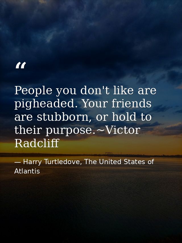 People you don't like are pigheaded. Your friends are stubborn, or hold to their purpose.~Victor Radcliff — Harry Turtledove, The United States of Atlantis