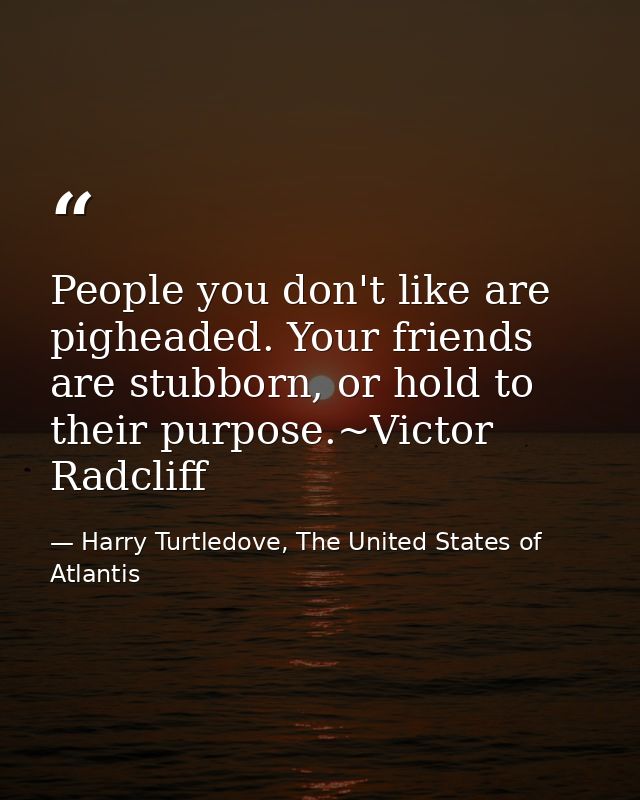 People you don't like are pigheaded. Your friends are stubborn, or hold to their purpose.~Victor Radcliff — Harry Turtledove, The United States of Atlantis