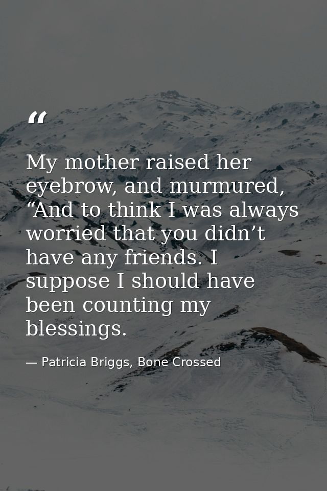 My mother raised her eyebrow, and murmured, “And to think I was always worried that you didn’t have any friends. I suppo — Patricia Briggs, Bone Crossed