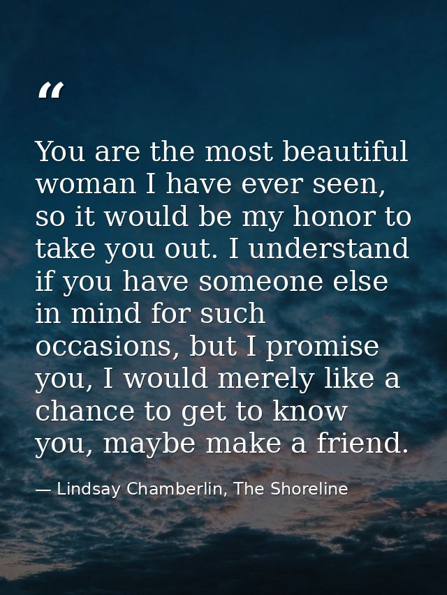 You are the most beautiful woman I have ever seen, so it would be my honor to take you out. I understand if you have som — Lindsay Chamberlin, The Shoreline