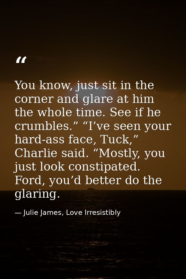 You know, just sit in the corner and glare at him the whole time. See if he crumbles.” “I’ve seen your hard-ass face, Tu — Julie James, Love Irresistibly