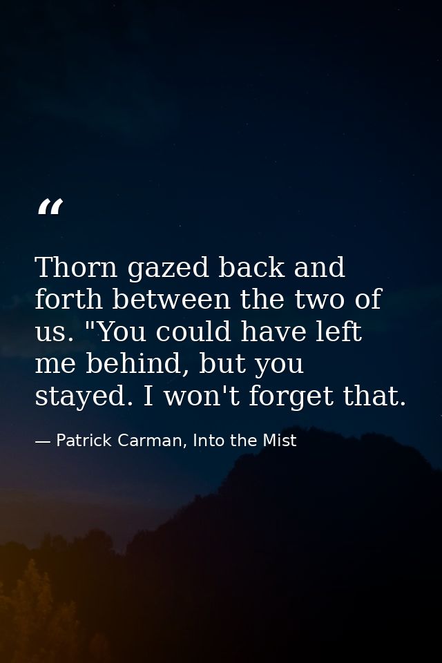 Thorn gazed back and forth between the two of us. "You could have left me behind, but you stayed. I won't forget that. — Patrick Carman, Into the Mist