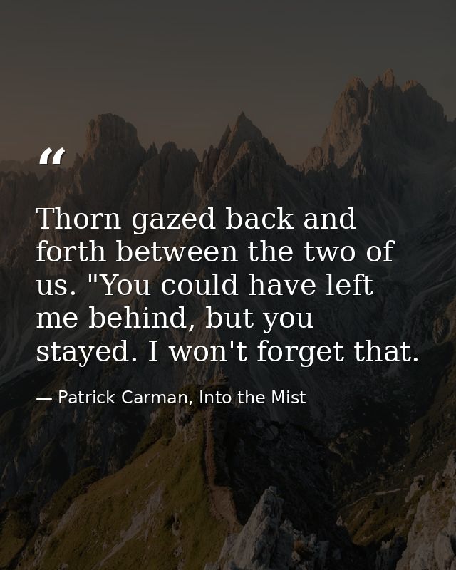 Thorn gazed back and forth between the two of us. "You could have left me behind, but you stayed. I won't forget that. — Patrick Carman, Into the Mist