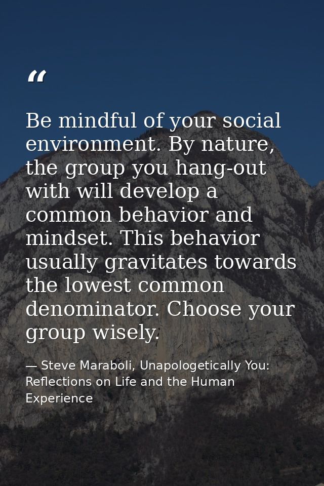 Be mindful of your social environment. By nature, the group you hang-out with will develop a common behavior and mindset — Steve Maraboli, Unapologetically You: Reflections on Life and the Human Experience